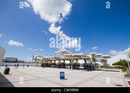 Entrance - Ticket booths at the John F. Kennedy Space Center (KSC) - Visitor center - Merritt Island, Florida, Cape Canaveral Stock Photo
