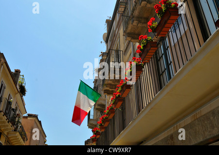 Italian Flag Red Geraniums Flowers Taormina Sicily Mediterranean Sea Island Stock Photo