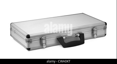 Aluminum briefcase with black handle isolated on white Stock Photo