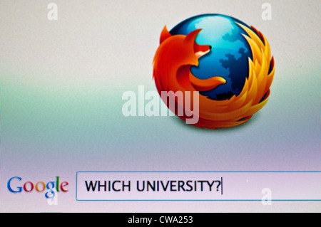 Computer screen with Google search for university
