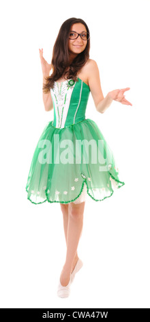 Dancing young woman in green ballet dress isolated on white background Stock Photo