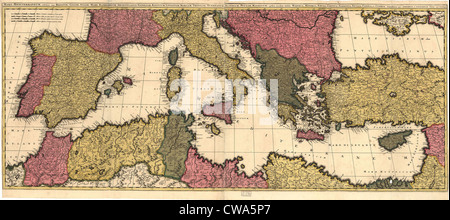 1695 map of the Mediterranean Sea and coastal lands. Stock Photo