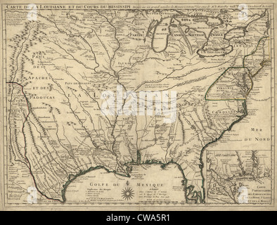 1718 French map of North America showing the Mississippi River region, locations of Native American settlements, and the Stock Photo