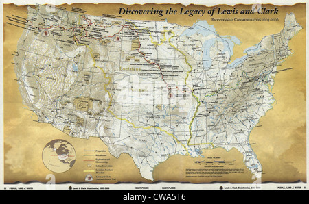 2003 map published for the bicentennial commemoration of the Lewis and Clark Expedition. Legend includes preparation, Stock Photo