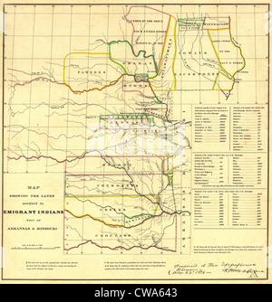 1836 Map showing the Indian Territories (now Oklahoma) assigned to displaced Eastern Indians tribes; Cherokees, Creeks, Stock Photo