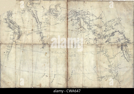 1803 Lewis and Clark map, with annotations in brown ink by Meriwether Lewis, tracing the Mississippi and Missouri Rivers, Lakes Stock Photo