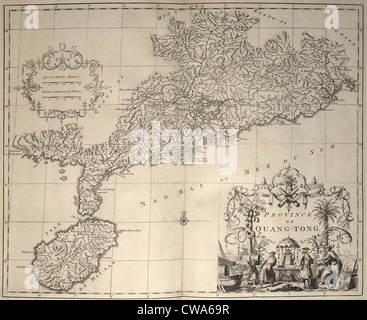 1737 map of South China coast, including location of Hong Kong and Macao Island. Cartouche in lower right shows a European and Stock Photo