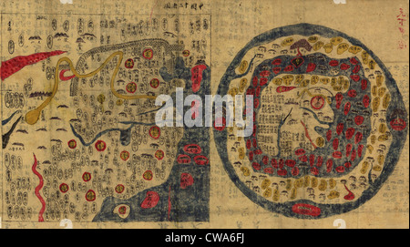 1800 Chinese maps of Ming Empire of China (left) and the World (right) .  Echoing China's self-imposed isolation, the world map Stock Photo