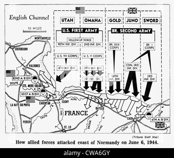 D-Day, Map detailing Allies invasion of Normandy, France, 1944. Courtesy: CSU Archives / Everett Collection Stock Photo