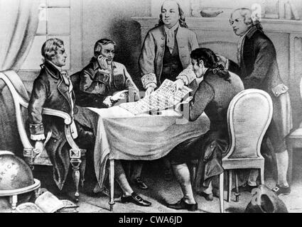 The Declaration of Independence Committee. Thomas Jefferson, Roger Sherman, Benjamin Franklin, Robert Livingston and John Stock Photo