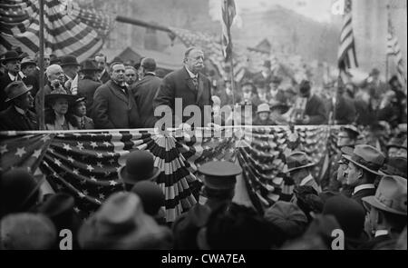 President William Taft (1857-1930) speaking on a flag draped podium in 1909. Stock Photo