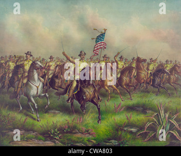 Colonel Theodore Roosevelt leads the 1st Volunteer Cavalry in the charge up San Juan Hill during the Spanish American War. Stock Photo