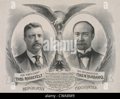 Campaign poster of the 1904 Republican candidates for President. Theodore  Roosevelt and Charles W. Fairbanks for Vice Stock Photo