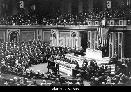 Woodrow Wilson (1856-1924) addressing Congress in 1917, the year the United States entered World War 1. Stock Photo