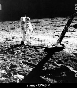 Astronaut Edwin E. Aldrin (aka Buzz Aldrin), on the moon, in a photograph taken by Neil Armstrong, 1969.. Courtesy: CSU