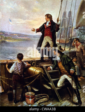 Francis Scott Key, (1779-1843) awakes on September 14, 1814, to see the American flag still waving over Fort McHenry. Inspired, Stock Photo