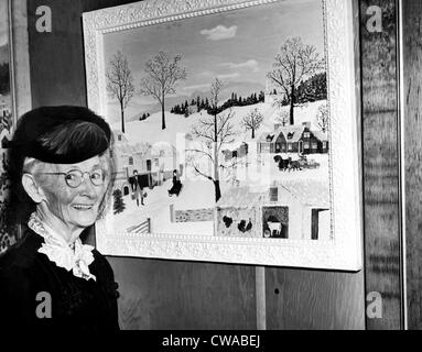 Anna Marie Robertson Moses (AKA Grandma Moses), in front of her painting at the 22nd annual Women's International Exposition of Stock Photo