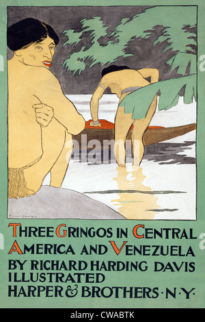 Poster advertising  Richard Harding Davis' (1864-1916) book, 'Three Gringos in Central America and Venezuela.' Ca. 1900. Stock Photo