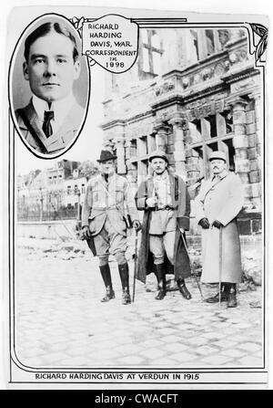 Richard Harding Davis (1864-1916), American journalist at Verdun, with two other men, in 1915, and insert of head-and-shoulders Stock Photo