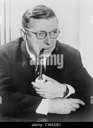 Jean-Paul Sartre (1905-1980), French existentialist philosopher, smoking pipe in 1964, the year he was awarded the Nobel Prize Stock Photo