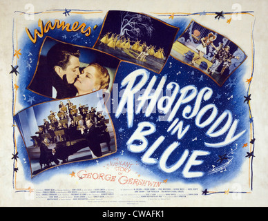 Motion picture poster for RHAPSODY IN BLUE shows Robert Alda, Joan Leslie, Paul Whiteman and his orchestra and others in scenes Stock Photo