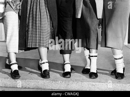 Bobby socks, ankle high, often thick or decorated, were popular with young Americans in the 1940s and 1950s.  1953 photo of Stock Photo