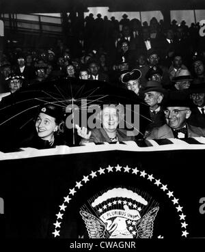 President Harry Truman (far right), with wife First Lady Bess Truman (center), and daughter Margaret Truman (far left), c Stock Photo