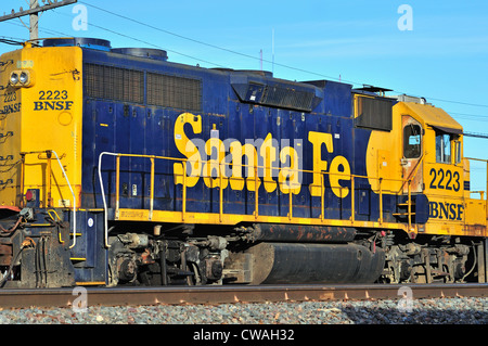 Burlington Northern Santa Fe Railway unit #2223 in old Santa Fe Railway color scheme at Rochelle, Illinois, USA. Stock Photo