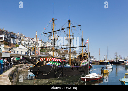 View of Brixham harbour and the Golden Hind Stock Photo