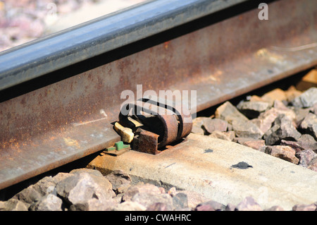 Rail Clamps used for securing heavy rail to railroad ties have replaced the traditional spikes that were used on railroads Stock Photo