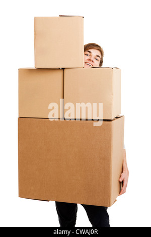 Portrait of a handsome young man holding card boxes, isolated on white Stock Photo