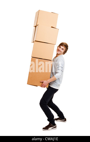 Portrait of a handsome young man holding card boxes, isolated on white Stock Photo