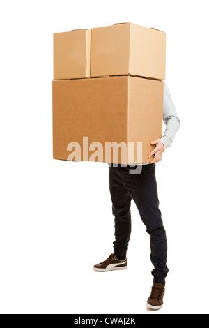 Portrait of a handsome young man holding card boxes, isolated on white Stock Photo