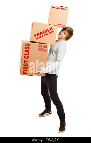 Portrait of a handsome young man holding card boxes, isolated on white Stock Photo