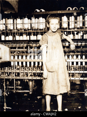 Child laborer portrayed by Lewis Hine in 1910. Twelve year old Addie Card, was a spinner in a Vermont cotton mill, and did not Stock Photo