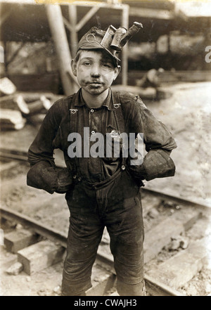Child laborer portrayed by Lewis Hine in 1908.  Tipple Boy at West Virginia coal mine, worked with the tipple, a device that Stock Photo