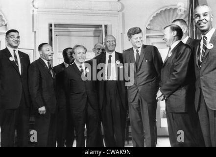 Front row, L-R: Whitney Young, Martin Luther King, Rabbi Joachim Prinz, A. Philip Randolph, John F. Kennedy, Walter Reuther, Stock Photo