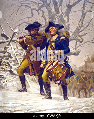 Continental Army color guard, playing fife and drum, marching in winter during the American Revolution, 1776-1783. Stock Photo