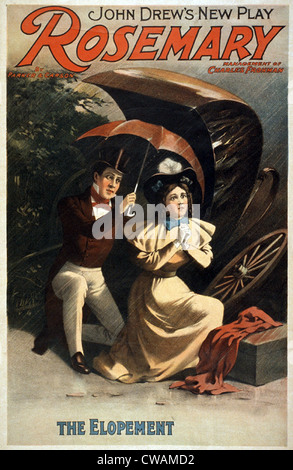 Poster featuring the elopement scene from Charles Froman's 1896 play, ROSEMARY, starring John Drew, Louis Napoleon Parker, and Stock Photo
