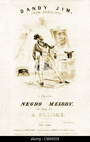 'Dandy Jim, from Carolina', a free black who dressed and acted above his station, as  shown on this sheet music from 1843. Stock Photo