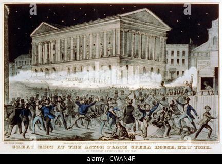 Astor Place Riot.  New York state militia firing at rioters outside Astor Place Opera House, on May 10, 1849. 22 were killed Stock Photo