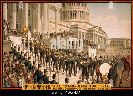 The inauguration of President Garfield in 1881 included a performance of the Haverly's Minstrels. 1898 lithograph. Stock Photo