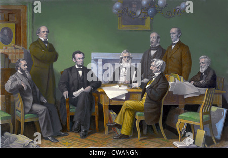 The first reading of the Emancipation Proclamation before the cabinet, July 22, 1862.  Left to right: Edwin Stanton, Salmon Stock Photo