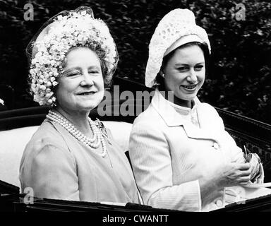 Queen Elizabeth (the Queen Mother), Princess Margaret, arriving on the first day of the Royal Ascot Races in England, 1968.. Stock Photo