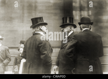 John Pierpont Morgan (1837-1913), American financier, with two associates in 1907. Stock Photo