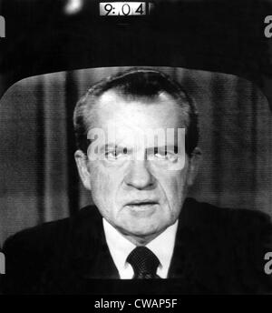 President Richard Nixon, with digital clock indicating the exact minute he resigned the Presidency, 08/08/74. Courtesy: CSU Stock Photo