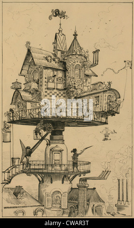 Futuristic drawing by Albert Robida (1848-1926), for his book on life in the upcoming twentieth century shows a dwelling Stock Photo