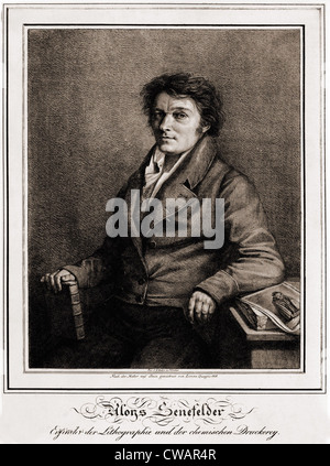 Aloys Senefelder (1771-1834), in lithographic portrait from his book, A COMPLETE COURSE OF LITHOGRAPHY, 1818.  In 1796 he Stock Photo