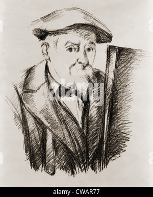 Paul Cezanne (1839-1906), French Post Impressionist painter, in a self portrait at his easel. Ca. 1900. Stock Photo