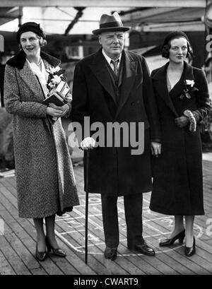 Winston Churchill with his wife, Clementine, and daughter, Diana, aboard the S.S. Majestic on their way to the West Indies, Stock Photo